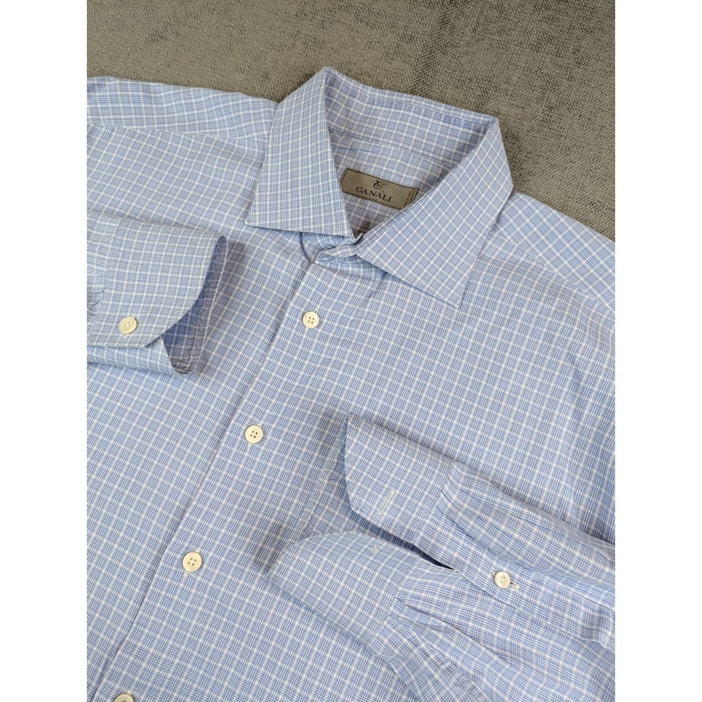Canali Dress Shirt Mens 18 46 Blue Plaid Long Sleeve Button Made In Italy
